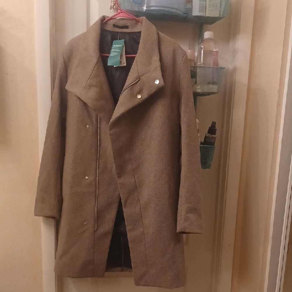 H&M Taupe Wool-Blend Pea Coat with Asymmetric Zip